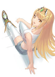 Rule 34 | 1girl, :d, arm behind back, bare arms, bare shoulders, blonde hair, blue shorts, breasts, crop top, from above, green322, highres, long hair, looking at viewer, medium breasts, mythra (xenoblade), nintendo, open mouth, orange eyes, shadow, shorts, simple background, sitting, smile, solo, straight hair, teeth, thighhighs, tiara, white background, white thighhighs, xenoblade chronicles (series), xenoblade chronicles 2, zettai ryouiki