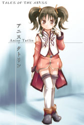 Rule 34 | 00s, 1girl, anise tatlin, black hair, blush, brown eyes, character name, copyright name, female focus, gloves, shoes, short hair, soine, solo, tales of (series), tales of the abyss, thighhighs, twintails, white thighhighs