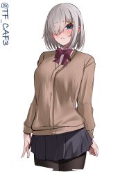 1girl absurdres alternate_costume black_pantyhose blue_eyes blush breasts brown_cardigan cardigan cowboy_shot eyes_visible_through_hair grey_hair grey_skirt hair_ornament hair_over_one_eye hairclip hamakaze_(kancolle) highres kantai_collection large_breasts looking_at_viewer neckerchief one-hour_drawing_challenge pantyhose school_uniform serafuku shirt short_hair simple_background skirt smile solo tf_cafe twitter_username white_background white_shirt yellow_neckerchief