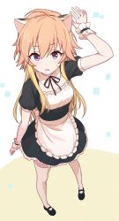 Rule 34 | 1girl, 2 nostg, absurdres, ahoge, alternate costume, animal ears, apron, arm up, black dress, black footwear, blonde hair, blush, breasts, cat ears, commentary, dress, enmaided, fake animal ears, frilled apron, frills, from above, hair between eyes, highres, idolmaster, idolmaster cinderella girls, legs, light brown hair, long hair, looking at viewer, maid, multicolored hair, neck ribbon, ninomiya asuka, open mouth, puffy short sleeves, puffy sleeves, purple eyes, ribbon, short sleeves, sidelocks, small breasts, solo, symbol-only commentary, thighhighs, two-tone hair, waist apron, wavy mouth, white apron, white background, white thighhighs, wrist cuffs