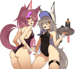 Rule 34 | 2girls, absurdres, alcohol, animal ear fluff, animal ears, ass, baseball cap, breasts, condom, condom wrapper, cup, drinking glass, ear piercing, fangs, ghost (tama), hat, highres, holding, holding tray, jack daniel&#039;s, leotard, medium breasts, multiple girls, nontraditional playboy bunny, open mouth, original, piercing, playboy bunny, red eyes, red hair, shot glass, small breasts, tail, thigh strap, tray, virtual youtuber, white headwear, wolf ears, wolf girl, wolf tail, wrist cuffs