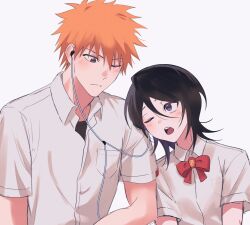 1boy 1girl ;( ;o black_hair bleach blush bow bowtie brown_eyes closed_mouth collared_shirt commentary couple dress_shirt earphones flipped_hair gwao_(_ul_13) height_difference hetero highres karakura_high_school_uniform korean_commentary kuchiki_rukia kurosaki_ichigo looking_at_another medium_hair one_eye_closed open_mouth orange_hair purple_eyes red_bow red_bowtie school_uniform shared_earphones shirt short_hair short_sleeves side-by-side simple_background spiked_hair split_mouth teeth upper_body upper_teeth_only upturned_eyes v-shaped_eyebrows white_background white_shirt