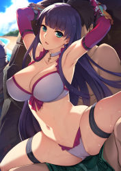 Rule 34 | 1boy, 1girl, armpits, arms behind head, arms up, bare shoulders, beach, bikini, black hair, blue eyes, breasts, choker, cleavage, collarbone, cross, cross choker, elbow gloves, fate/grand order, fate (series), fujimaru ritsuka (male), fujimaru ritsuka (male) (brilliant summer), gauntlets, gloves, green shorts, highres, large breasts, long hair, looking at viewer, martha (fate), martha (swimsuit ruler) (fate), martha (swimsuit ruler) (third ascension) (fate), navel, parted lips, purple hair, red gloves, short hair, shorts, spread legs, swimsuit, thigh strap, thighs, tsuki tokage, white bikini