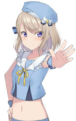 Rule 34 | 1girl, absurdres, anchor symbol, azur lane, bare shoulders, beret, blue bow, blue hat, blue shirt, blush, bow, breasts, brown hair, closed mouth, collarbone, commentary request, hair bow, hand on own hip, hat, highres, kohakope, light frown, looking at viewer, midriff, navel, neck ribbon, outstretched arm, purple eyes, ribbon, sailor collar, school uniform, serafuku, shirt, simple background, sleeveless, sleeveless shirt, small breasts, solo, striped, striped bow, tilted headwear, white background, white sailor collar, wrist cuffs, yellow ribbon, z23 (azur lane)