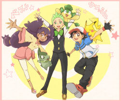 1girl 2boys ash_ketchum axew baseball_cap black_hair black_vest brown_eyes bsts cilan_(pokemon) creatures_(company) dress fingerless_gloves game_freak gen_1_pokemon gen_5_pokemon gloves green_eyes green_hair hat iris_(pokemon) jacket long_hair long_sleeves multicolored_clothes multicolored_jacket multiple_boys nintendo open_mouth pansage pants pikachu pokemon pokemon_(anime) pokemon_(creature) pokemon_bw_(anime) ponytail purple_hair ribbon short_sleeves smile twintails very_long_hair vest white_pants zipper