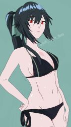 Rule 34 | 1girl, bikini, black bikini, closed mouth, green background, green hair, green ribbon, highres, jasmine flamesworth, long hair, looking at viewer, red eyes, ribbon, serious, swimsuit, the beginning after the end, very long hair