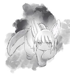 Rule 34 | 1other, absurdres, all fours, animal ears, animal feet, body fur, closed mouth, commentary request, expressionless, full body, furry, greyscale, highres, horizontal pupils, looking at viewer, made in abyss, monochrome, nanachi (made in abyss), paper texture, photo-referenced, pumichi, short hair, shorts, sidelocks, solo, splatter background, tail, topless, whiskers