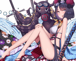 Rule 34 | 1girl, bad id, bad pixiv id, bare arms, bare legs, bare shoulders, belt, bikini, black flower, blue eyes, blush, bracelet, breasts, commentary request, fate/grand order, fate (series), floral print, flower, from side, goggles, goggles on head, hair ornament, highres, jewelry, katana, katsushika hokusai (fate), katsushika hokusai (swimsuit saber) (fate), large breasts, looking at viewer, octopus, purple hair, siu (siu0207), swimsuit, sword, weapon, white bikini