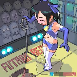 Rule 34 | 1girl, bell, black hair, blue gloves, blue ribbon, blush, bow, crop top, embarrassed, from above, futaba channel, gloves, hair ribbon, idol, lowres, microphone, microphone stand, midriff, oekaki, open mouth, pee, peeing, peeing self, ribbon, sansui.aoba, shorts, sleeveless, solo focus, spandex, stage, standing, surprised, tears, thighhighs, translated, white thighhighs
