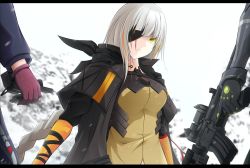 Rule 34 | assault rifle, black gloves, black jacket, blurry, blurry background, braid, breasts, brown hair, brown shirt, closed mouth, commentary, depth of field, eyepatch, girls&#039; frontline, gloves, gun, highres, holding, holding gun, holding weapon, jacket, keenh, layered sleeves, letterboxed, long hair, long sleeves, looking at viewer, m16a1 (boss) (girls&#039; frontline), m16a1 (girls&#039; frontline), m4 carbine, m4a1 (girls&#039; frontline), medium breasts, mole, mole under eye, multicolored hair, name connection, object namesake, open clothes, open jacket, orange hair, pink gloves, rifle, scar, scar across eye, scar on face, shirt, short over long sleeves, short sleeves, single braid, solo focus, st ar-15 (girls&#039; frontline), streaked hair, v-shaped eyebrows, very long hair, weapon, white hair, yellow eyes