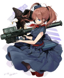 Rule 34 | 10s, 1girl, animal, artist name, bald eagle, bird, black dress, breast pocket, breasts, brown hair, cowboy shot, dress, eagle, fim-92 stinger, flight deck, from side, hair over one eye, highres, holding, holding weapon, kantai collection, long hair, looking at viewer, man-portable air-defense system, medium breasts, missile launcher, neckerchief, pocket, red legwear, red neckerchief, rocket launcher, saratoga (kancolle), short sleeves, side ponytail, smokestack, solo, weapon, wind, wind lift, yamano (yamanoh)