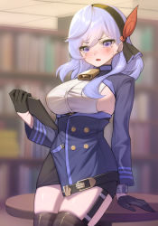 Rule 34 | 1girl, absurdres, ako (blue archive), bell, black gloves, black thighhighs, blue archive, blue eyes, blue hair, blurry, blurry background, blush, bookshelf, breasts, buttons, double-breasted, ear piercing, earrings, embarrassed, garter belt, gloves, gradient eyes, hair between eyes, hairband, half gloves, hand on table, highres, holding, indoors, jewelry, large breasts, long hair, long sleeves, looking at viewer, multicolored eyes, neck bell, piercing, purple eyes, sbgu, sideboob, skindentation, solo, table, tearing up, thighhighs, zettai ryouiki