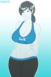Rule 34 | 1girl, abs, black hair, breasts, cameltoe, cleavage, colored skin, covered erect nipples, curvy, grey skin, highres, large breasts, lips, midriff, navel, nintendo, pants, revtilian, smile, solo, super smash bros., tank top, wide hips, wii fit, wii fit trainer, wii fit trainer (female), yoga pants