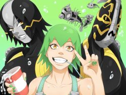Rule 34 | 1other, 2girls, bare shoulders, cup, drinking straw, foo fighters (jojo), foo fighters (stand), green background, green hair, green nails, grin, highres, jojo no kimyou na bouken, kristallion, mouth hold, multiple girls, multiple persona, overalls, plankton, short hair, shrimp, smile, spill, stand (jojo), stone ocean, v, water, water drop, yellow eyes