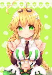 Rule 34 | 1girl, ahoge, bare shoulders, black necktie, blonde hair, blush, border, braid, breasts, brown sleeves, clenched hands, closed mouth, clothing cutout, collared dress, commentary request, copyright request, detached sleeves, dress, flower, goggles, goggles on head, green background, green eyes, hair between eyes, hair flower, hair ornament, hands up, haru ichigo, heart, heart ahoge, heart background, highres, lace, lace border, large breasts, long hair, long sleeves, looking at viewer, navel, navel cutout, necktie, ornate border, short necktie, single braid, sleeveless, sleeveless dress, smile, solo, upper body, very long hair, white dress, white flower