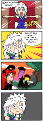 Rule 34 | 4koma, alternate color, beret, blonde hair, blue eyes, bouquet, braid, comic, constricted pupils, crazy eyes, double dealing character, female focus, finnish text, flandre scarlet, flower, grass, hair ribbon, hat, hong meiling, izayoi sakuya, kneeling, long hair, looking back, mourning, open door, open mouth, outstretched arms, patchouli knowledge, purple hair, red hair, ribbon, setz, short hair, sky, smile, spread arms, standing, star (symbol), tombstone, touhou, translated, tree, twin braids, white hair, wide-eyed, wings