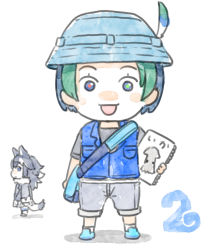 Rule 34 | 10s, 2girls, :d, bag, black hair, blue eyes, blue vest, chibi, full body, green eyes, green hair, grey shorts, grey wolf (kemono friends), hat, hat feather, heterochromia, kemono friends, kemono friends 2, kyururu (kemono friends), looking at viewer, multicolored hair, multiple girls, murakami kou (raye), open mouth, short sleeves, shorts, shoulder bag, simple background, sketch, smile, solo focus, two-tone hair, vest, white background