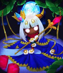 Rule 34 | 1girl, cape, crown, disembodied limb, extra arms, fangs, gem, gloves, heart, highres, holding, holding staff, horns, kirby: triple deluxe, kirby (series), leaf, moon, night, night sky, nintendo, orusuta961, plant, queen sectonia, scarf, sky, smile, solo, staff, star (sky), star (symbol), vines, white gloves, white hair