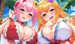 Rule 34 | 2girls, ayase-mio, bikini, blue eyes, blue sky, blush, bracelet, breasts, cleavage, flower, frilled bikini, frills, hair flower, hair ornament, hand on own ear, hands on own chest, jewelry, large breasts, long hair, looking at viewer, multiple girls, open mouth, orange hair, palm tree, pecorine (princess connect!), pecorine (summer) (princess connect!), pink hair, princess connect!, red bikini, short hair, sidelocks, skindentation, sky, smile, sunflower, sunflower hair ornament, swimsuit, tiara, tree, upper body, white bikini, yui (princess connect!), yui (summer) (princess connect!)