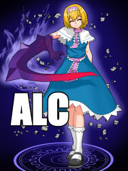 Rule 34 | 1girl, absurdres, alice margatroid, asha, aura, black footwear, blonde hair, blue dress, bois de justice, capelet, character name, closed eyes, closed mouth, commentary request, cookie (touhou), dark aura, dies irae, dress, frilled hairband, frilled necktie, frilled sash, frills, full body, hair intakes, hairband, highres, hinase (cookie), magic circle, mary janes, medium bangs, necktie, pink hairband, pink necktie, pink sash, purple background, rock, sash, shinza bansho series, shoes, short hair, smile, socks, solo, standing, touhou, white capelet, white socks