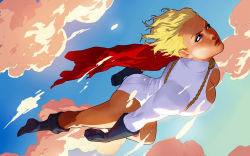 Rule 34 | 1girl, alien, blonde hair, blue footwear, blue gloves, boots, breasts, cape, cleavage, cleavage cutout, clothing cutout, dc comics, flying, gloves, kryptonian, leotard, long sleeves, power girl, red cape, shoes, sky, solo, superman (series)