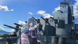 Rule 34 | 1girl, absurdres, azur lane, bare shoulders, blue hair, blue sky, blunt bangs, breasts, clam shell, cleavage, cloud, commentary request, crossed legs, frilled headwear, highres, long hair, looking at viewer, makihige, medium breasts, military vehicle, neptune (azur lane), ocean, outdoors, shell hair ornament, ship, short twintails, sitting, sky, solo, thighhighs, turret, twintails, twitter username, warship, water, watercraft, white thighhighs, world of warships, yellow eyes