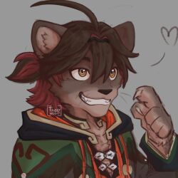 1boy ahoge animal_ears artist_name brown_fur brown_hair claws commentary english_commentary fangs furry furry_male gaming_(genshin_impact) genshin_impact grin heart highres hood hood_down lion_boy lion_ears male_focus multicolored_hair smile streaked_hair thalywoofy