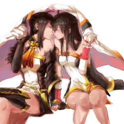 Rule 34 | 2girls, ahoge, ara haan, ara han, bare shoulders, black gloves, black hair, blush, brooch, commentary request, dual persona, elbow gloves, elsword, closed eyes, face-to-face, facing another, gloves, holding hands, highres, holding, holding clothes, hua ge pi, imminent kiss, jewelry, long hair, low-tied long hair, multiple girls, navel, puckered lips, sakra devanam (elsword), selfcest, sitting, sketch, sweat, white background, yama raja (elsword), yuri