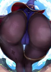 Rule 34 | 1girl, ass, ass focus, bent over, black hair, black pantyhose, cameltoe, cleft of venus, commentary, covered clitoris, english commentary, from behind, from below, genshin impact, hat, highres, huge ass, long hair, mona (genshin impact), pantyhose, revolverwing, signature, solo, thighs, trefoil, witch hat