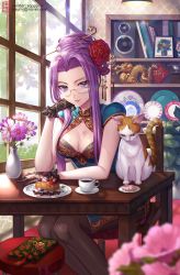 Rule 34 | 1girl, alternate costume, alternate hairstyle, blue dress, bookshelf, box (hotpppink), breasts, cake, cat, china dress, chinese clothes, cleavage, cleavage cutout, clothing cutout, coffee, coffee mug, commentary request, cup, day, dress, fate/grand order, fate/stay night, fate (series), food, glasses, gloves, hair bun, highres, lace, lace gloves, legs together, lips, long hair, looking at viewer, medium breasts, medusa (fate), medusa (rider) (fate), mug, naver username, pantyhose, purple hair, rimless eyewear, side slit, single hair bun, sitting, solo, table, turtleneck, turtleneck dress, twitter username, updo