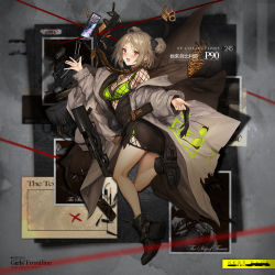 Rule 34 | 1girl, ammunition, black footwear, black shirt, blush, bra, bra strap, brass knuckles, breasts, brown necktie, bullet, bullpup, cellphone, character name, coat, coat on shoulders, commentary request, copyright name, double bun, earrings, unworn eyewear, fn 5.7x28mm, girls&#039; frontline, green bra, green nails, green panties, grey coat, grid, gun, hair bun, highres, horizontal magazine, jewelry, light brown hair, lm7 (op-center), looking at viewer, magazine (weapon), medium breasts, medium hair, nail polish, necktie, official alternate costume, official art, open mouth, p90, p90 (girls&#039; frontline), p90 (the girl from b.e.l) (girls&#039; frontline), panties, pdw cartridge, personal defense weapon, phone, red eyes, see-through, shirt, smartphone, smile, solo, standing, standing on one leg, submachine gun, torn clothes, translucent, underwear, weapon