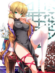 Rule 34 | 1girl, bare shoulders, blonde hair, breasts, chair, china dress, chinese clothes, covered navel, dress, feet, flower, green eyes, hair bun, highres, large breasts, leg lift, leg ribbon, legs, long legs, looking at viewer, mizuhashi parsee, monety, off shoulder, open mouth, pointy ears, ribbon, short hair, single hair bun, sitting, solo, table, thigh ribbon, thighhighs, toeless legwear, toes, touhou, vase, white thighhighs