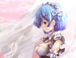 Rule 34 | 10s, 1girl, blue hair, breasts, cleavage, commentary request, detached sleeves, feathers, from side, hachachi, hair ornament, hairpin, looking down, maid, maid headdress, medium breasts, profile, re:zero kara hajimeru isekai seikatsu, rem (re:zero), short hair, smile, solo, tearing up