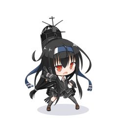 Rule 34 | 10s, 1girl, black hair, black skirt, black thighhighs, chibi, commentary request, hairband, hatsushimo (kancolle), hatsushimo kai ni (kancolle), kantai collection, long hair, open mouth, pleated skirt, red eyes, simple background, single thighhigh, skirt, solo, thighhighs, white background, yamato tachibana