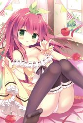 Rule 34 | 1girl, :d, absurdres, apple, azumi kazuki, bare shoulders, black thighhighs, blush, breasts, cleavage, clothes lift, collarbone, day, dress, dress lift, fingernails, food, frilled pillow, frilled thighhighs, frills, fruit, green eyes, green hairband, green ribbon, hair between eyes, hairband, head tilt, highres, indoors, long hair, looking at viewer, medium breasts, melonbooks, no shoes, off-shoulder dress, off shoulder, open mouth, panties, pennant, pillow, pink hair, pinky out, red apple, ribbon, scan, sitting, sleeveless, sleeveless dress, smile, soles, solo, string of flags, thighhighs, underwear, very long hair, white panties, window, wrist cuffs, yellow dress