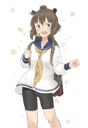 Rule 34 | 1girl, bad id, bad twitter id, bike shorts, black shorts, blue sailor collar, brown eyes, brown hair, dress, highres, kantai collection, kokko (014kko), long sleeves, neckerchief, open mouth, rigging, sailor collar, sailor dress, short hair, shorts, shorts under dress, simple background, solo, speaking tube headset, two-tone background, yellow neckerchief, yukikaze (kancolle)