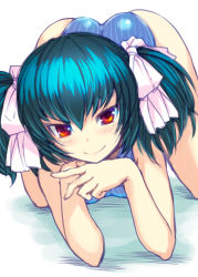 Rule 34 | 1girl, all fours, ass, blue hair, blue one-piece swimsuit, bosshi, competition swimsuit, looking at viewer, one-piece swimsuit, original, red eyes, short hair, short twintails, smile, smirk, solo, swimsuit, twintails, yu (bosshi)