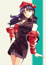 Rule 34 | 1girl, artist name, artist request, bare legs, black dress, black eyes, breasts, dress, earrings, floating hair, green background, hand on own hip, hat, highres, jacket, jewelry, katsuragi misato, large breasts, lipstick, looking at viewer, makeup, neon genesis evangelion, parted bangs, purple hair, red hat, red jacket, simple background, smile, solo, weapon, white background