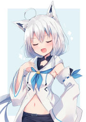 Rule 34 | 1girl, absurdres, ahoge, animal ear fluff, animal ears, asanagi kurumi (panda-doufu), black shorts, blue background, blue neckerchief, blush, braid, breasts, closed eyes, commentary request, detached sleeves, doyagao, earrings, facing viewer, fox ears, fox girl, hair between eyes, hand on own chest, highres, hololive, hood, hoodie, jewelry, midriff, navel, neckerchief, notice lines, open mouth, shirakami fubuki, shirakami fubuki (1st costume), short shorts, shorts, sidelocks, single braid, small breasts, smug, solo, standing, stomach, virtual youtuber, white hair, white hoodie, white sleeves