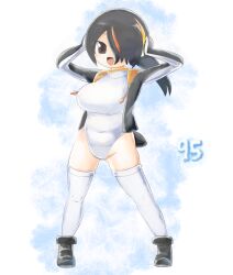 Rule 34 | bird tail, black footwear, black hair, black jacket, blue background, boots, breasts, brown eyes, commentary request, covered navel, emperor penguin (kemono friends), full body, hair between eyes, hair over one eye, hands on headphones, headphones, highres, jacket, kemono friends, large breasts, lets0020, long bangs, long hair, looking at viewer, multicolored hair, numbered, one-piece swimsuit, open clothes, open jacket, open mouth, orange hair, smile, standing, streaked hair, swimsuit, tail, thighhighs, white background, white one-piece swimsuit, white thighhighs