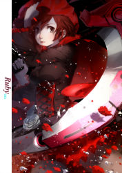 Rule 34 | 1girl, artist name, black eyes, cape, character name, cici, copyright name, dress, flower, highres, hood, pantyhose, petals, red hair, rose, rose petals, ruby rose, rwby, scythe, short hair, solo, weapon