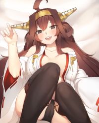 Rule 34 | 10s, 1girl, ahoge, bare shoulders, black eyes, black panties, blush, breasts, brown hair, cameltoe, double bun, hairband, headgear, k jin, kantai collection, kongou (kancolle), long hair, looking at viewer, lying, medium breasts, nontraditional miko, off shoulder, on back, open clothes, open mouth, open shirt, panties, ribbon-trimmed sleeves, ribbon trim, shirt, smile, solo, underwear, very long hair, wide sleeves