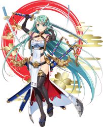 Rule 34 | 1girl, absurdly long hair, ahoge, black gloves, black thighhighs, blue eyes, blush, breasts, cleavage, earrings, elbow gloves, full body, gloves, green hair, heart, heart earrings, holding, holding sword, holding weapon, jewelry, large breasts, long hair, looking at viewer, murakami yuichi, official art, oshiro project:re, oshiro project:re, sheath, sheathed, smile, solo, sword, thighhighs, tokugawa osaka (oshiro project), transparent background, very long hair, weapon
