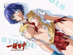Rule 34 | 00s, 10s, 1girl, antenna hair, aqua eyes, areola slip, blue gloves, blue hair, breasts, character name, contrapposto, copyright name, cowboy shot, dutch angle, eyecatch, eyepatch, frown, gloves, green eyes, ikkitousen, ikkitousen xtreme xecutor, large breasts, logo, looking at viewer, midriff, mole, mole under mouth, navel, necktie, nipple slip, nipples, no bra, official art, panties, plaid, plaid skirt, red skirt, rin-sin, ryomou shimei, school uniform, shadow, shirt, short hair, short sleeves, skirt, solo, standing, sweater vest, torn clothes, torn shirt, torn skirt, underboob, underwear, white background, white panties, wing collar