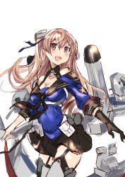 Rule 34 | 1girl, absurdres, bare shoulders, black gloves, black skirt, blonde hair, blush, breasts, collarbone, cowboy shot, depth charge, elbow gloves, gloves, hair between eyes, hair ornament, headgear, highres, johnston (kancolle), kantai collection, long hair, machinery, medium breasts, open mouth, orange eyes, pleated skirt, rigging, sailor collar, school uniform, simple background, single elbow glove, skirt, smile, smokestack, solo, star (symbol), tsutsusaku poyoyo, turret, twintails, two side up, united states medal of honor, white background