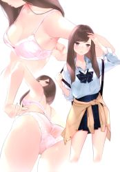 Rule 34 | 1girl, absurdres, ama mitsuki, arm up, armpits, ass, backpack, bag, bare arms, bare shoulders, blue bow, blue neckwear, blue shirt, blue skirt, blurry, bow, bowtie, bra, breasts, brown eyes, brown hair, cardigan, cardigan around waist, cleavage, clothes around waist, collarbone, collared shirt, cropped legs, depth of field, from below, highres, jewelry, long hair, long sleeves, looking down, miniskirt, multiple views, necklace, non-web source, original, panties, pink bra, pink panties, plaid, plaid skirt, pleated skirt, scan, school uniform, see-through, see-through panties, shirt, simple background, skirt, small breasts, swept bangs, underwear, underwear only, white background