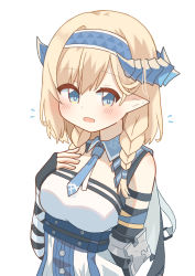 Rule 34 | 1girl, absurdres, alternate hair length, alternate hairstyle, arknights, bare shoulders, blonde hair, blue eyes, blue hairband, blue necktie, blush, braid, breasts, commentary request, hairband, hand on own chest, highres, horns, looking at viewer, medium breasts, medium hair, necktie, open mouth, pointy ears, ryoku sui, saileach (arknights), shirt, simple background, solo, twin braids, upper body, white background, white shirt