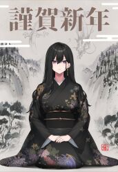Rule 34 | 1girl, black hair, black kimono, black nails, blue eyes, breasts, classy-black-haired girl (hayabusa), commentary request, double-parted bangs, dragon print, egasumi, floral print kimono, hair between eyes, hayabusa, highres, japanese clothes, kimono, large breasts, long hair, long sleeves, looking at viewer, mole, mole under eye, nail polish, new year, obi, obijime, original, parted lips, sash, seiza, sitting, sketch background, solo, translation request, wide sleeves