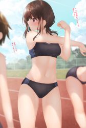 Rule 34 | 3girls, bent over, black buruma, black sports bra, breasts, brown eyes, brown hair, buruma, check translation, cloud, commentary request, expressionless, gluteal fold, highres, looking away, looking to the side, midriff, minato ojitan, multiple girls, navel, original, outdoors, outstretched arm, running track, short hair, sky, small breasts, sports bikini, sports bra, stretching, thighs, track and field, translation request