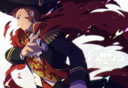 Rule 34 | 1boy, arm at side, ascot, blue eyes, brown hair, cloak, epaulettes, facial hair, fate/grand order, fate (series), fringe trim, from side, frown, gameplay mechanics, goatee, hand up, holy grail (fate), large hat, long sideburns, long sleeves, male focus, medal, napoleon bonaparte (fate), neo kabocha, sash, serious, sideburns, solo, torn cloak, torn clothes, upper body